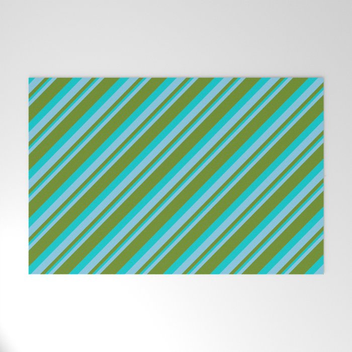 Sky Blue, Green & Dark Turquoise Colored Striped Pattern Welcome Mat