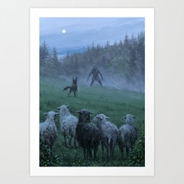 Shepherd and his faithful dog Kunstdrucke | Jakubrozalski, Dark, Painting, Illustration, Mood, Digital, Oil, Curated, Wolfpack, Werewolf 