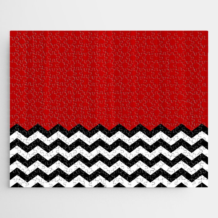 Red Black White Chevron Room w/ Curtains Jigsaw Puzzle