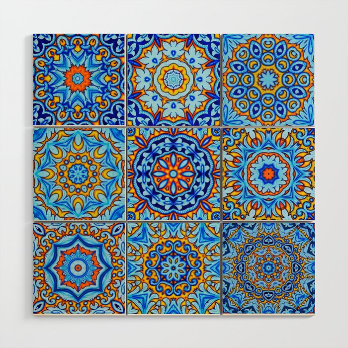 Moroccan arabic oriental tile pattern Blue Wood Wall Art
