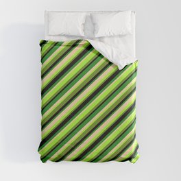 [ Thumbnail: Vibrant Tan, Light Green, Green, Black & Forest Green Colored Pattern of Stripes Duvet Cover ]