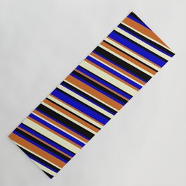 [ Thumbnail: Chocolate, Light Yellow, Black & Blue Colored Lines/Stripes Pattern Yoga Mat ]
