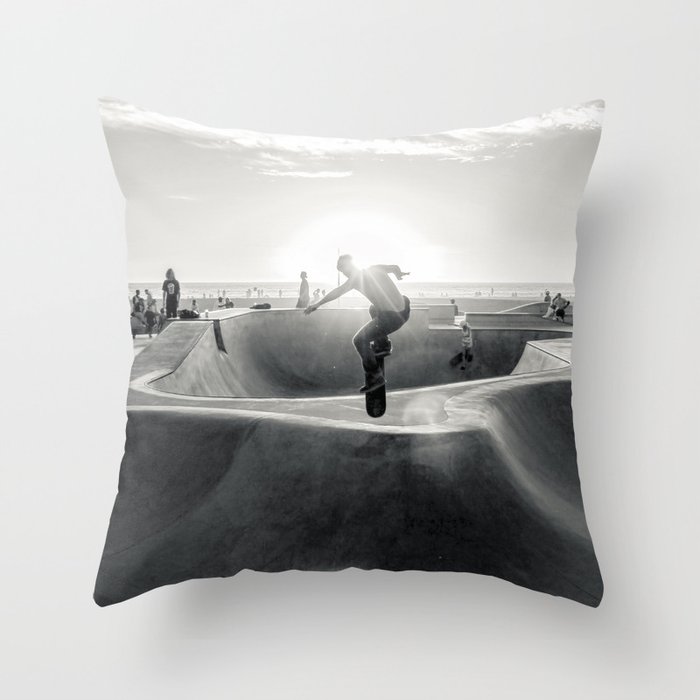 Horizontal Skateboarding Poster Print in Black and White Venice Skatepark Throw Pillow