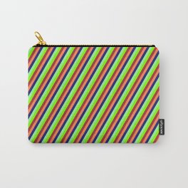 [ Thumbnail: Vibrant Green, Chartreuse, Brown, Coral, and Midnight Blue Colored Lines/Stripes Pattern Carry-All Pouch ]