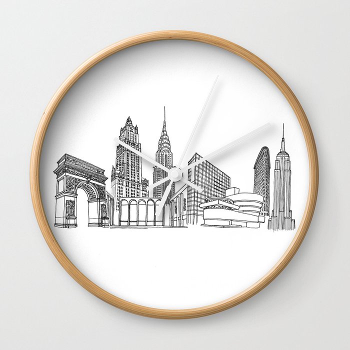 NYC Landmarks by the Downtown Doodler Wall Clock
