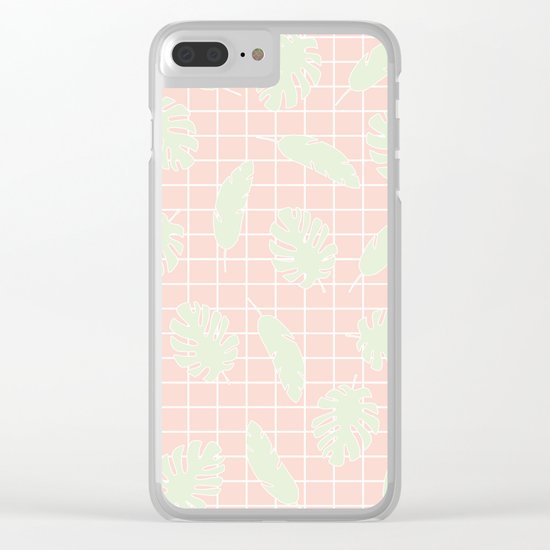 Graphic Tropical Leaves on Grid Pink and Mint Green Clear iPhone Case