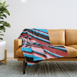 [ Thumbnail: Red, Pink, Deep Sky Blue, and Black Colored Stripes/Lines Pattern Throw Blanket ]