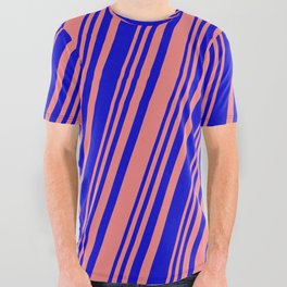 [ Thumbnail: Light Coral & Blue Colored Lines/Stripes Pattern All Over Graphic Tee ]