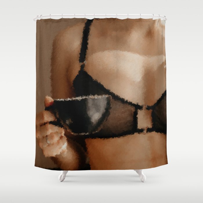 digital oil painting of the body of a faceless woman in a bra with a mug  Shower Curtain by viviennesworld