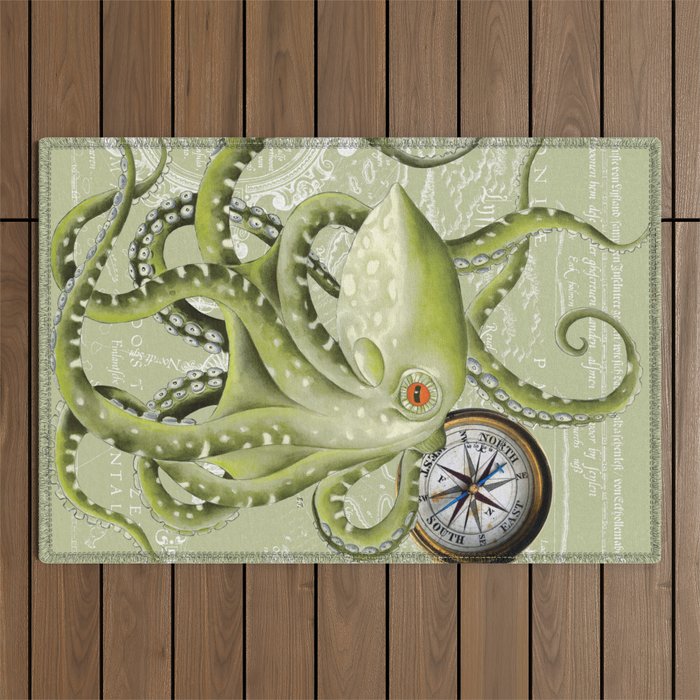 Green Octopus compass vintage map nautical Outdoor Rug