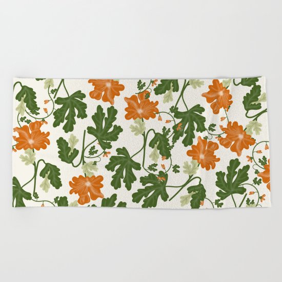 Orange Vintage Flower Pattern Beach Towel