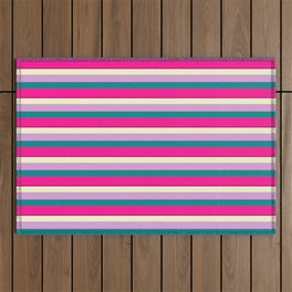 [ Thumbnail: Colorful Light Yellow, Plum, Dark Cyan, Deep Pink & Black Colored Lined Pattern Outdoor Rug ]