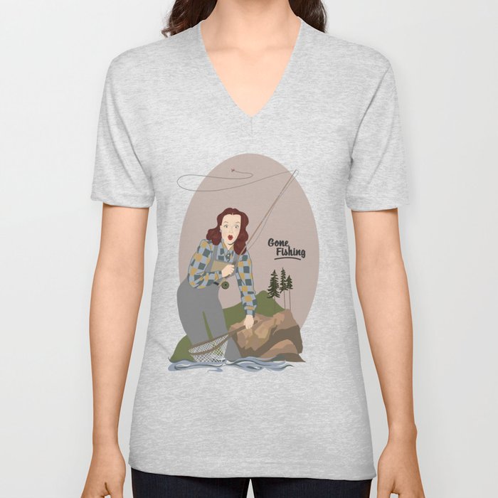 Fly Fishing Pinup Girl V Neck T Shirt by Kateri Kramer
