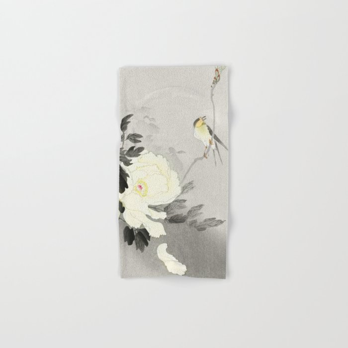 Bird on a Peony tree - Vintage Japanese Woodblock Print Art Hand & Bath Towel