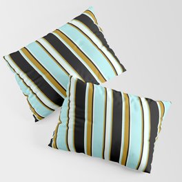 [ Thumbnail: Black, Dark Goldenrod, Turquoise & Mint Cream Colored Lined Pattern Pillow Sham ]