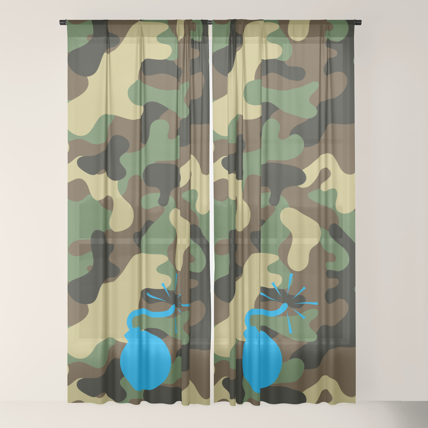 Bomb Camo Light Blue Sheer Curtain By Characterassassination