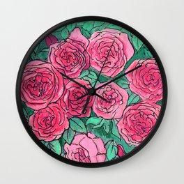 Pink Roses, Rose Garden Flowers, Vintage Bloom  Floral Sketch Wall Clock