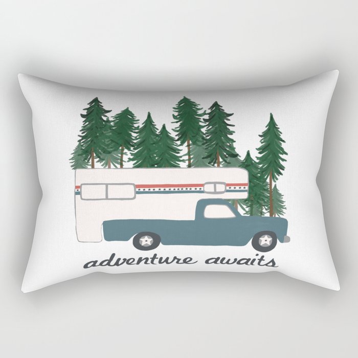 Adventure Awaits Truck Camper RV Camping Patriotic Forest Rectangular Pillow