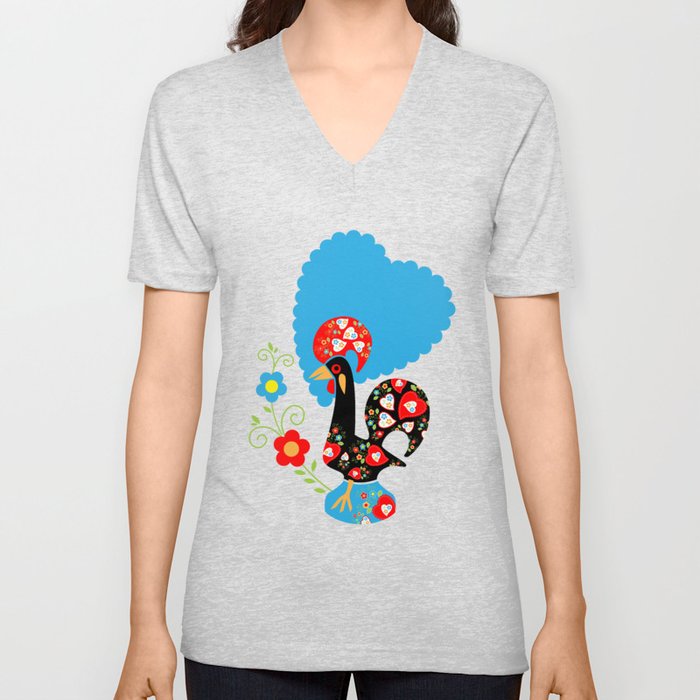 Portuguese Rooster of Luck with blue dots V Neck T Shirt