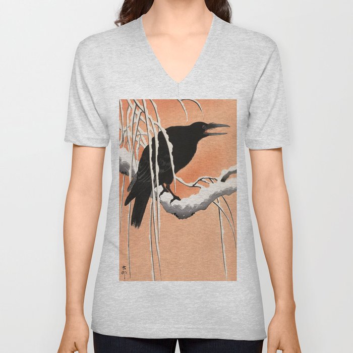  Crow on a Snow Covered Branch, 1900 by Ohara Koson V Neck T Shirt