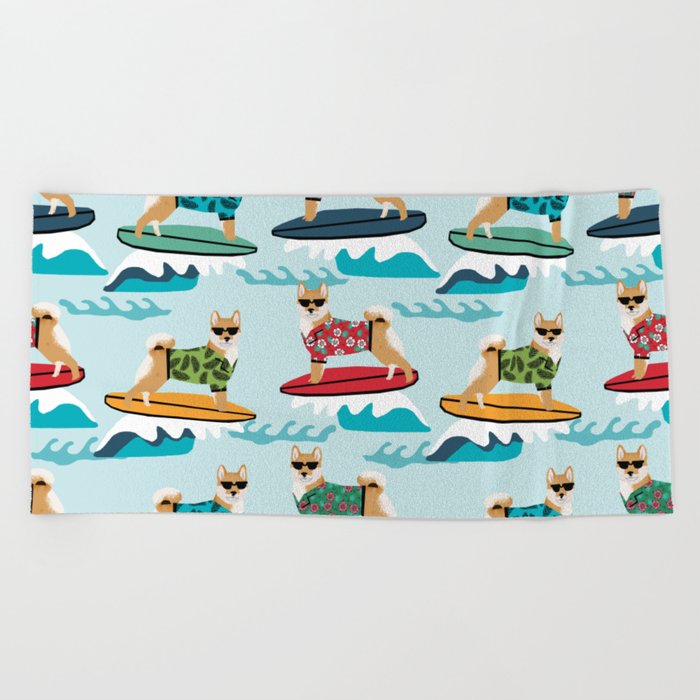 shiba inu surfing dog breed pattern Beach Towel