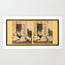 Family posing at the doorway, Vintage Photo Print Art Print | Unitedstates, Vintage, Photo, Optical, Stereocard, Antique, 1800S, Stereo, Blackandwhite, Picture 