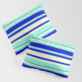 [ Thumbnail: Light Yellow, Aquamarine, and Blue Colored Striped/Lined Pattern Pillow Sham ]