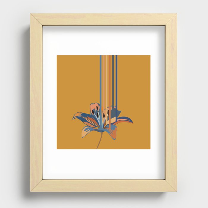 Lily - Blue Floral Stripe Art Pattern on Yellow Recessed Framed Print