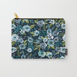 Navy Watercolor Floral, Loose Hand-Painted Floral, Whimsical Flowers Carry-All Pouch