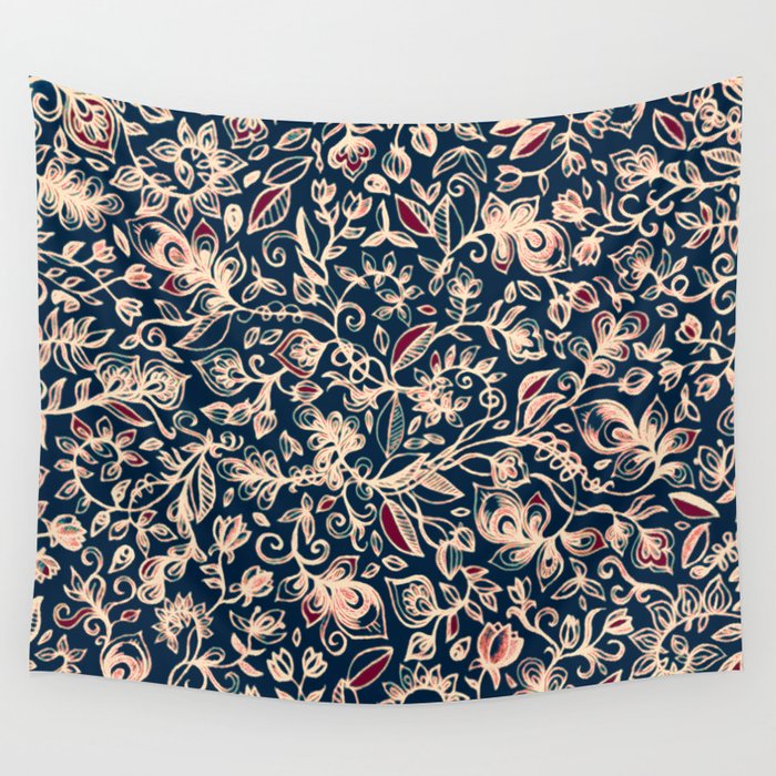 Navy Garden - floral doodle pattern in cream, dark red & blue Wall Tapestry