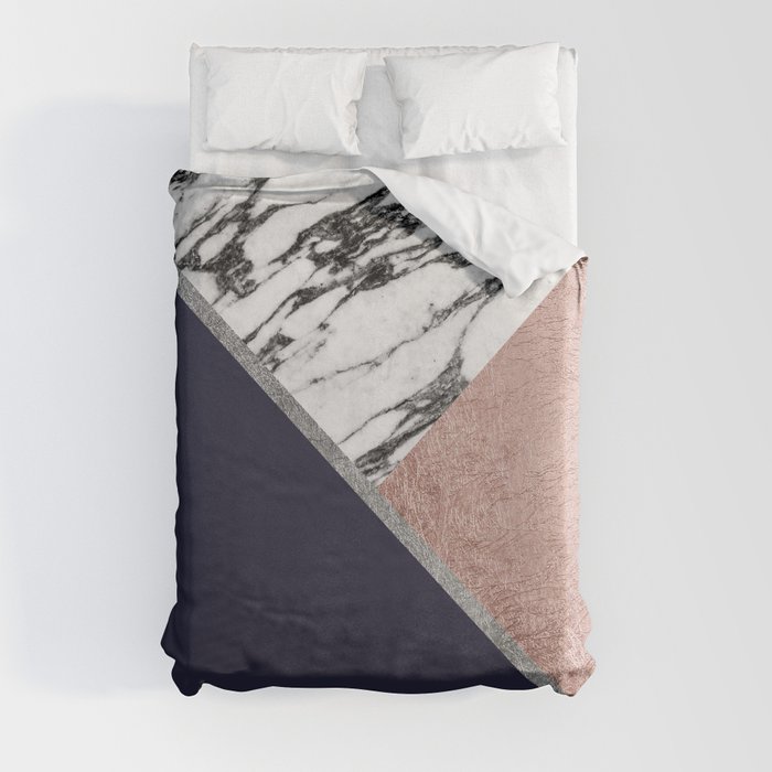 Marble Rose Gold Navy Blue Triangle, White Duvet Cover With Rose Gold