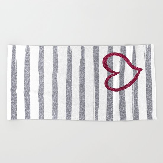 Red Heart on Shiny Silver Stripes Beach Towel