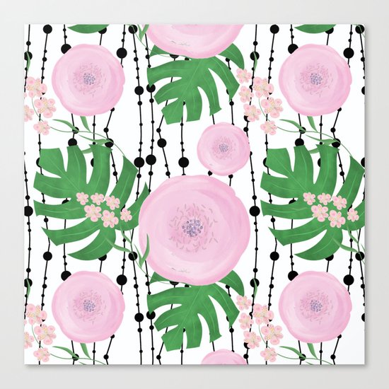 Pink flowers on a white background with black beads. Canvas Print