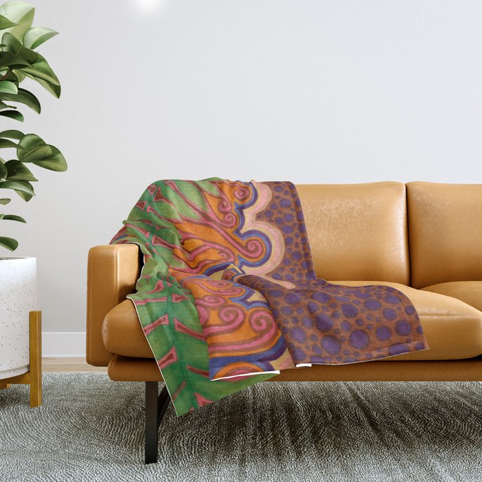 Modern Colorful Bright Fern Drawing Throw Blanket