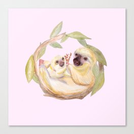 Mama and Baby Sloth - Rose Canvas Print