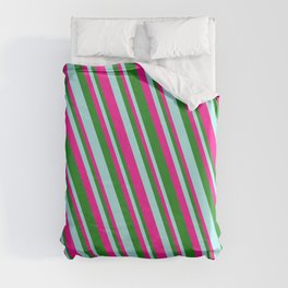 [ Thumbnail: Turquoise, Deep Pink, and Forest Green Colored Pattern of Stripes Duvet Cover ]