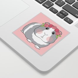 Adorable Grey Guinea Pig with Pink Rosebuds Sticker