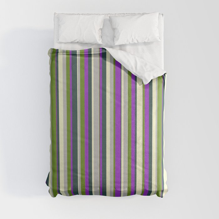 Colorful Light Yellow, Dark Slate Gray, Dark Orchid, Green, and Grey Colored Striped Pattern Comforter