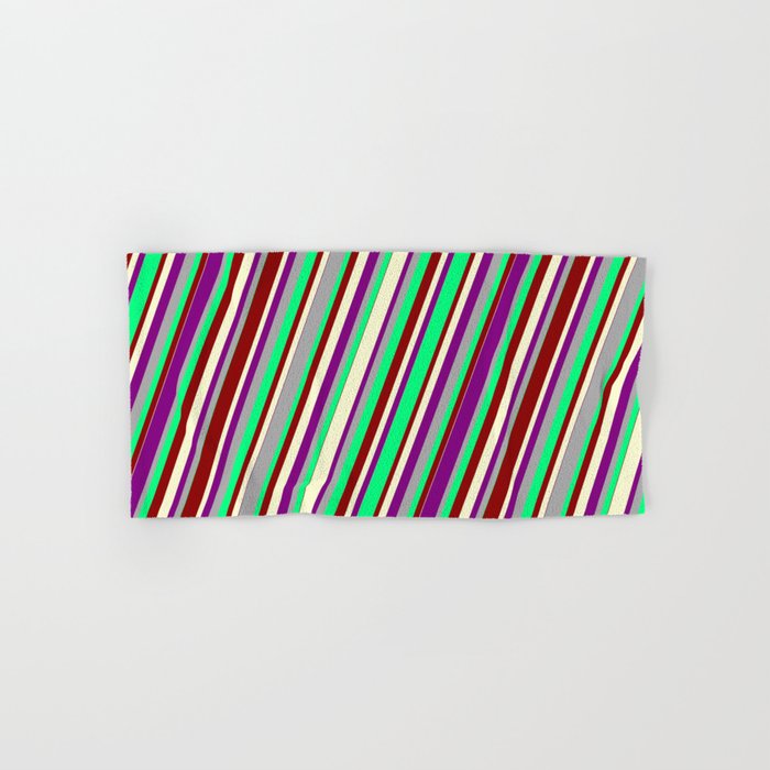 Colorful Dark Gray, Green, Dark Red, Light Yellow, and Purple Colored Lined/Striped Pattern Hand & Bath Towel