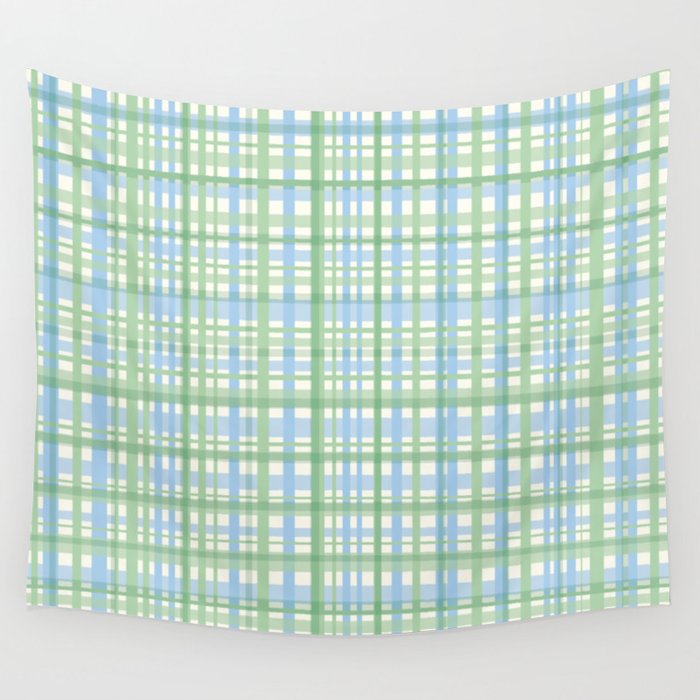 Spring Plaid Pattern Baby Blue Light Green Cream Wall Tapestry