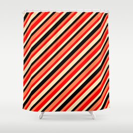 [ Thumbnail: Coral, Red, Beige, and Black Colored Stripes/Lines Pattern Shower Curtain ]