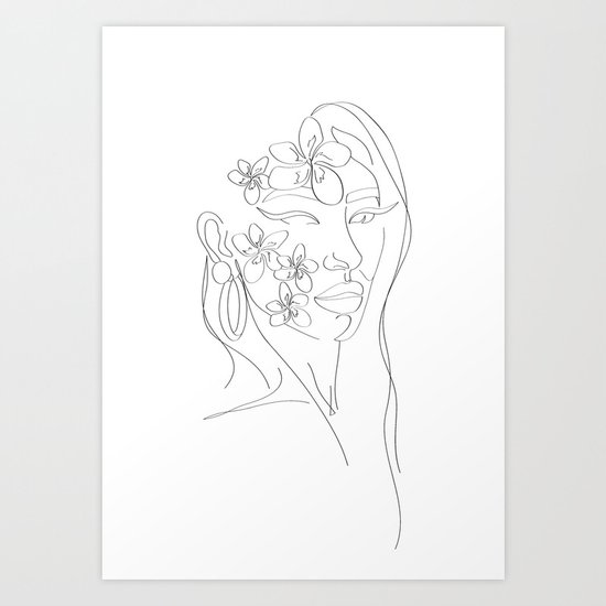 Minimal Flower Girl Line Drawing Art Print By Printsbylottie Society6,Sketches Indian Girl Cartoon Drawing
