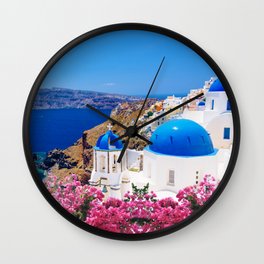 Blue Domes of Churches Greece Santorini Pink Flowers Oia Wall Art Prints Wall Clock