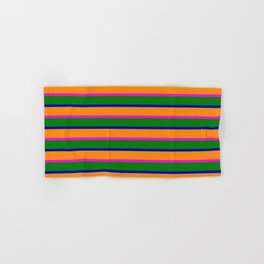 [ Thumbnail: Blue, Dark Orange, Fuchsia, and Green Stripes/Lines Pattern Hand & Bath Towel ]