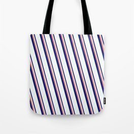 [ Thumbnail: Dark Salmon, Midnight Blue & Mint Cream Colored Stripes Pattern Tote Bag ]