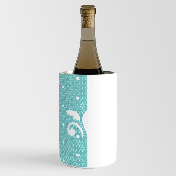 White Floral Curls Lace Vertical Split on Turquoise  Wine Chiller