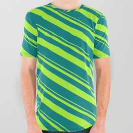 [ Thumbnail: Light Green and Teal Colored Striped Pattern All Over Graphic Tee ]