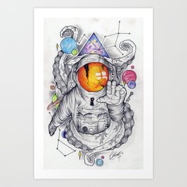 Deep Space Art Print | Space, Stars, Art, Octopus, Watercolour, Illustration, Astronaut, Cartoon, Tattoo, Drawing 