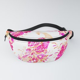 Red pink coral hand drawn floral peacock lustration pattern Fanny Pack