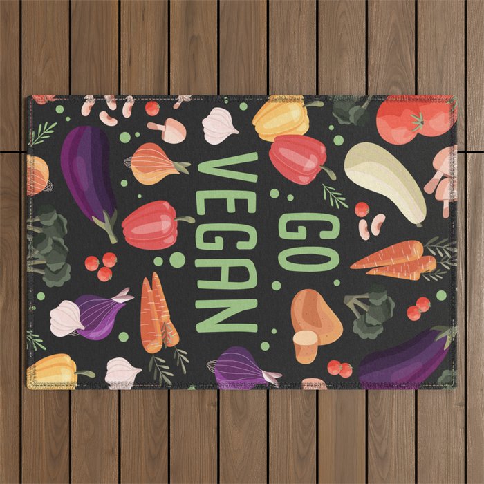 Go vegan, vegetables, black Outdoor Rug